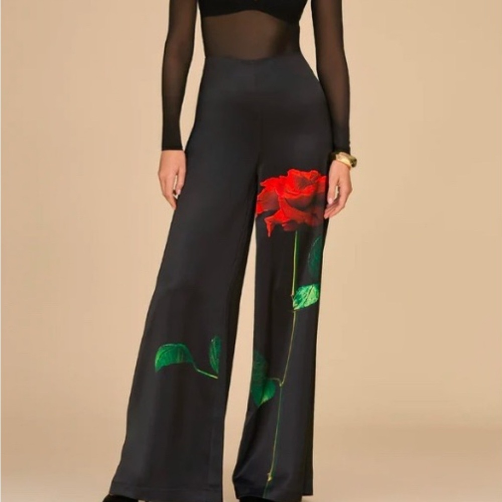 The Noli Shop Black Wide-Leg Satin Pants Red Rose Flower Design 6 (worn 1x)
